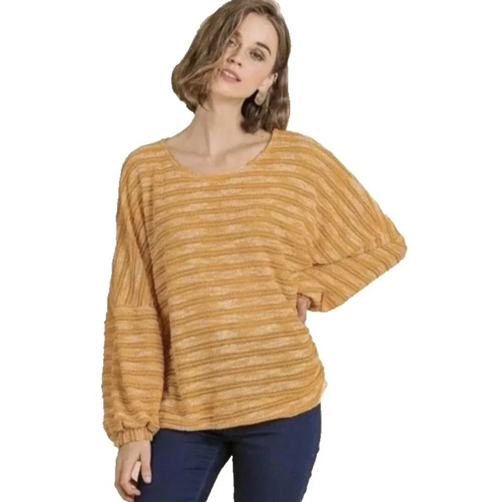 UMGEE Top Womens Medium Yellow Waffe Knit Long Sleeves Pullover Crew Neck Boho